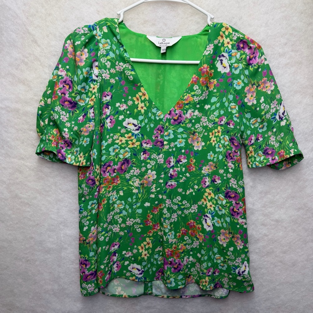 LaRoque Green Meadow Floral V-Neck Puff Sleeve Blouse Top Women's XS